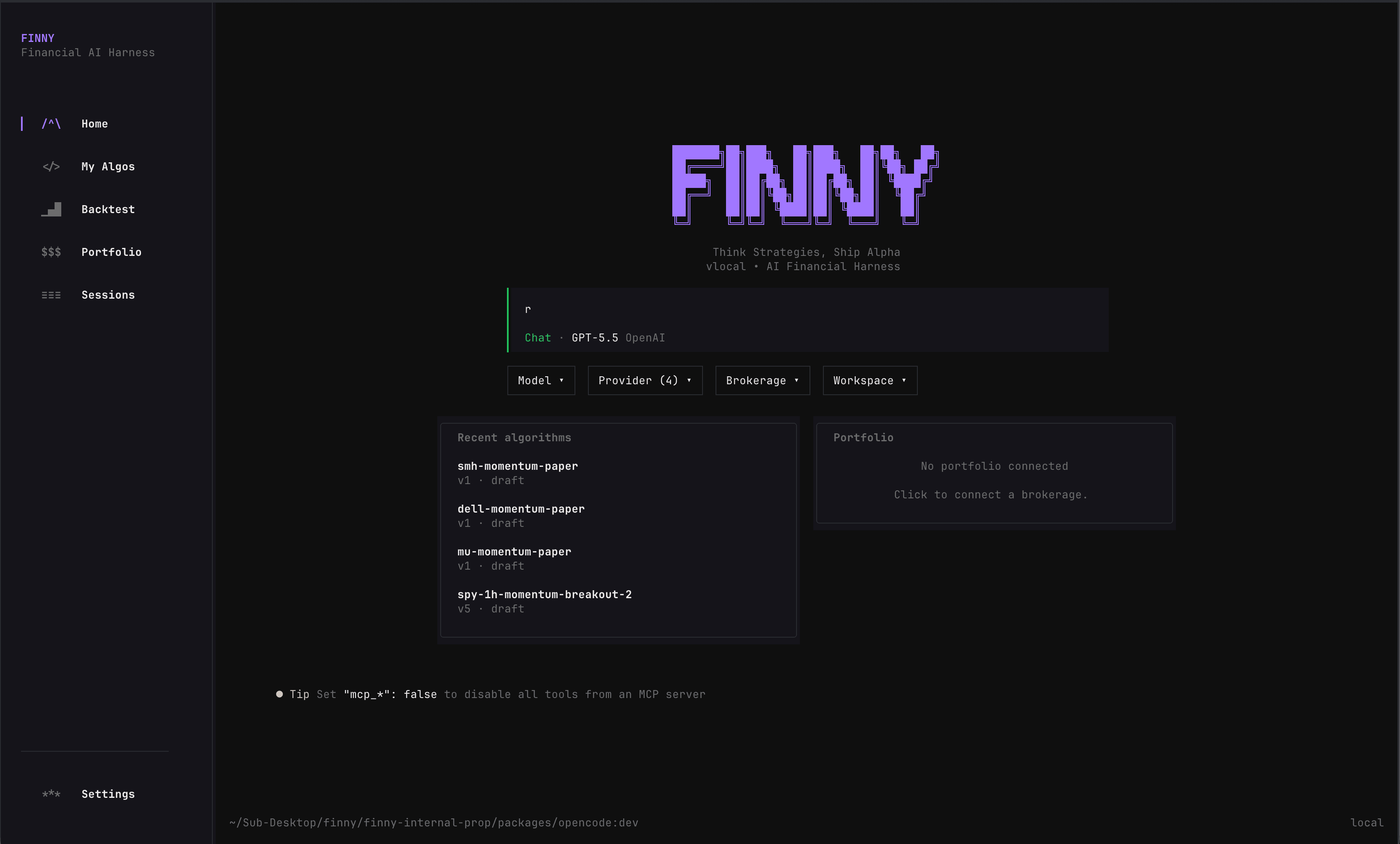 Finny CLI showing a terminal-native algorithmic trading workflow