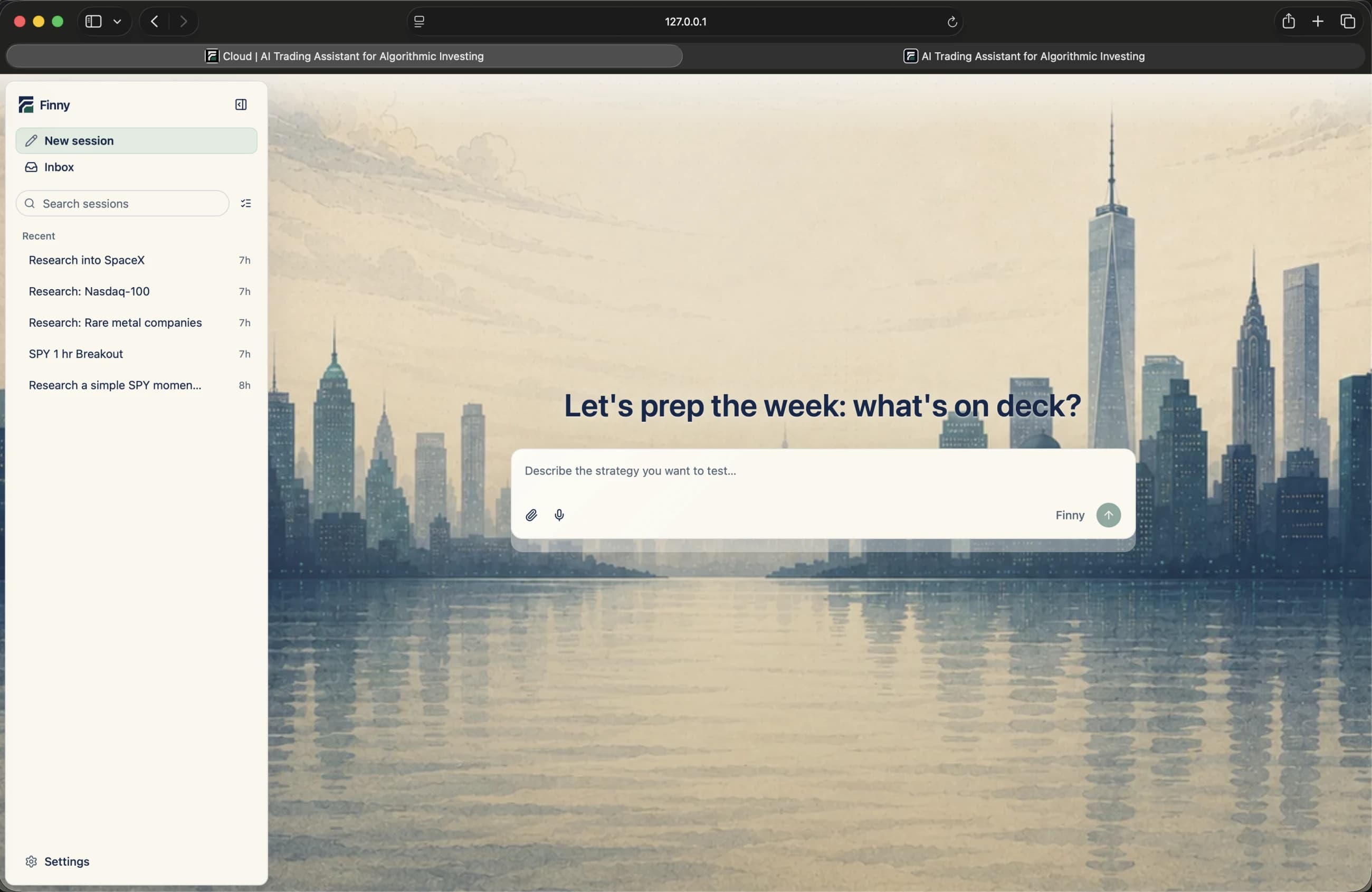 Finny desktop app — strategy chat over the New York skyline